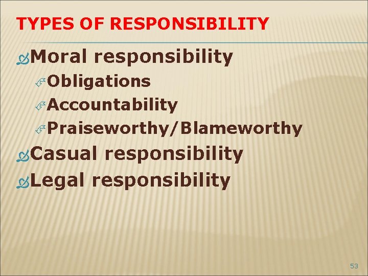 TYPES OF RESPONSIBILITY Moral responsibility Obligations Accountability Praiseworthy/Blameworthy Casual responsibility Legal responsibility 53 