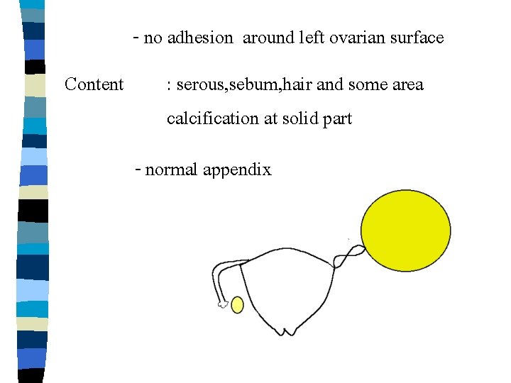 - no adhesion around left ovarian surface Content : serous, sebum, hair and some