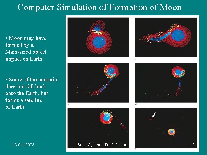 Computer Simulation of Formation of Moon • Moon may have formed by a Mars-sized