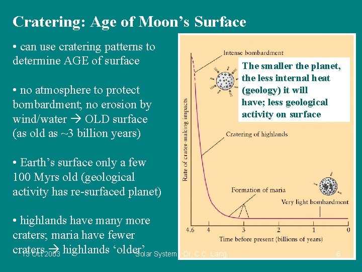 Cratering: Age of Moon’s Surface • can use cratering patterns to determine AGE of