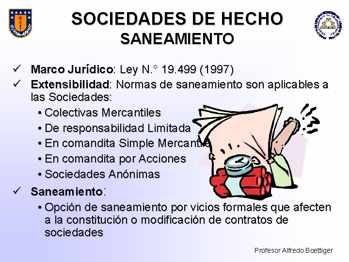 SOCIEDADES DE HECHO SANEAMIENTO ü Marco Jurídico: Ley N. ° 19. 499 (1997) ü