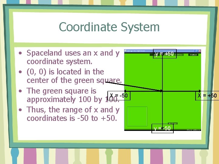 Coordinate System • Spaceland uses an x and y coordinate system. • (0, 0)