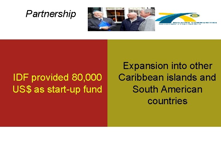 Partnership IDF provided 80, 000 US$ as start-up fund Expansion into other Caribbean islands