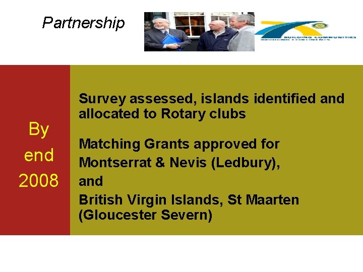Partnership By end 2008 Survey assessed, islands identified and allocated to Rotary clubs Matching