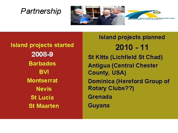 Partnership Island projects planned Island projects started 2008 -9 Barbados BVI Montserrat Nevis St