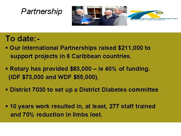 Partnership To date: § Our International Partnerships raised $211, 000 to support projects in