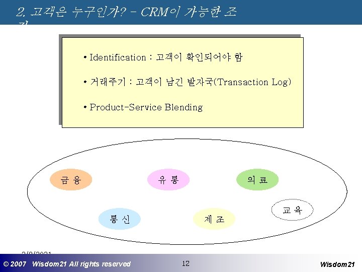 2. 고객은 누구인가? - CRM이 가능한 조 건 • Identification : 고객이 확인되어야 함