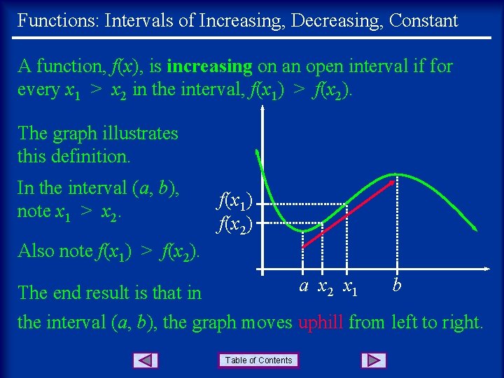 Functions: Intervals of Increasing, Decreasing, Constant A function, f(x), is increasing on an open