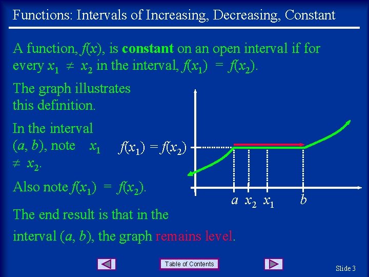 Functions: Intervals of Increasing, Decreasing, Constant A function, f(x), is constant on an open