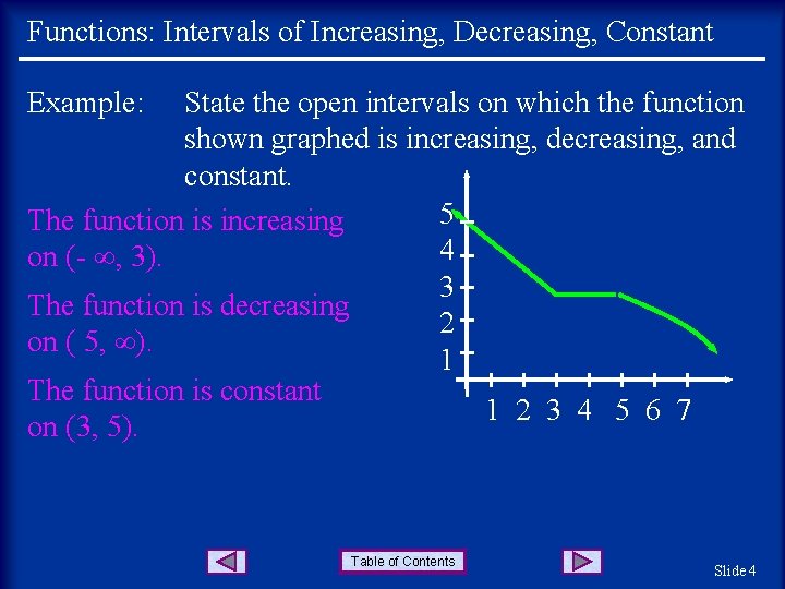 Functions: Intervals of Increasing, Decreasing, Constant Example: State the open intervals on which the