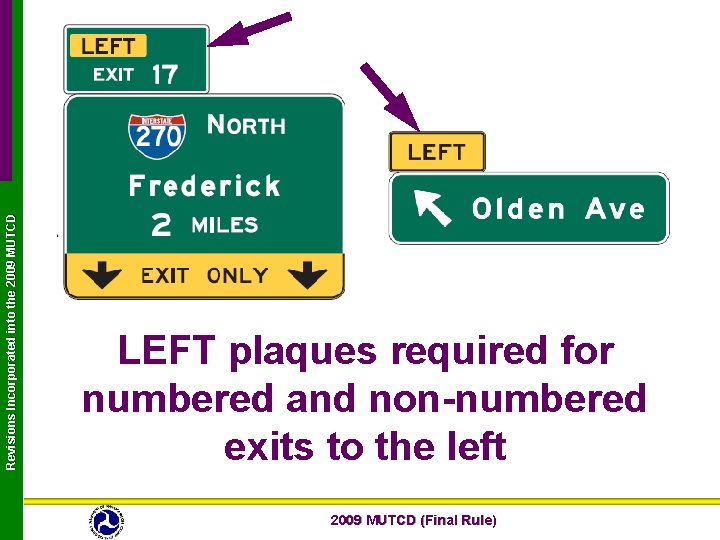 Revisions Incorporated into the 2009 MUTCD LEFT plaques required for numbered and non-numbered exits