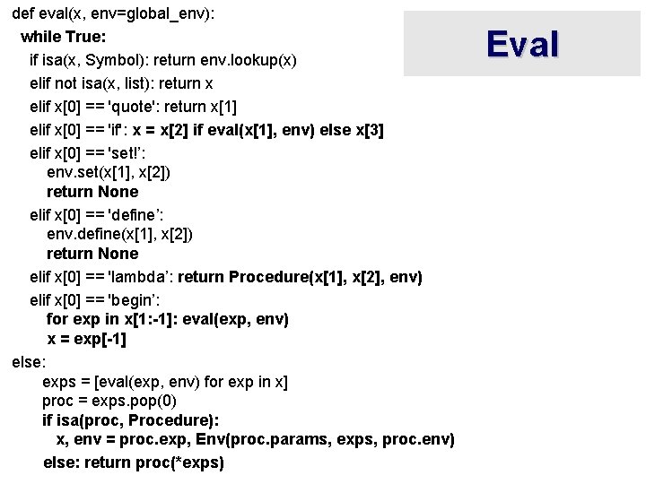 def eval(x, env=global_env): while True: if isa(x, Symbol): return env. lookup(x) elif not isa(x,