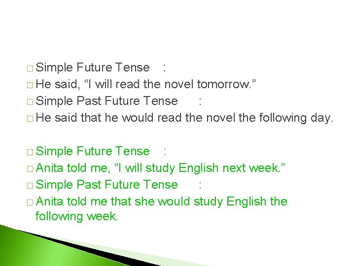 � Simple Future Tense : � He said, “I will read the novel tomorrow.