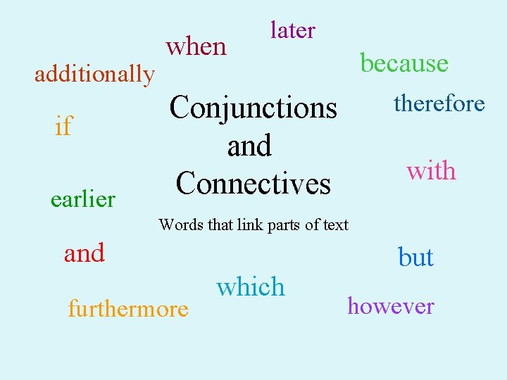 additionally if earlier when later because therefore Conjunctions and Connectives with Words that link