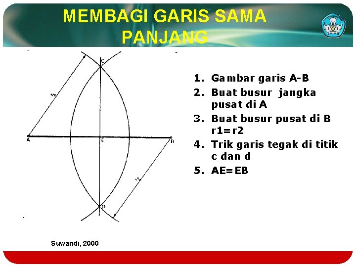 MEMBAGI GARIS SAMA PANJANG 1. Gambar garis A-B 2. Buat busur jangka pusat di