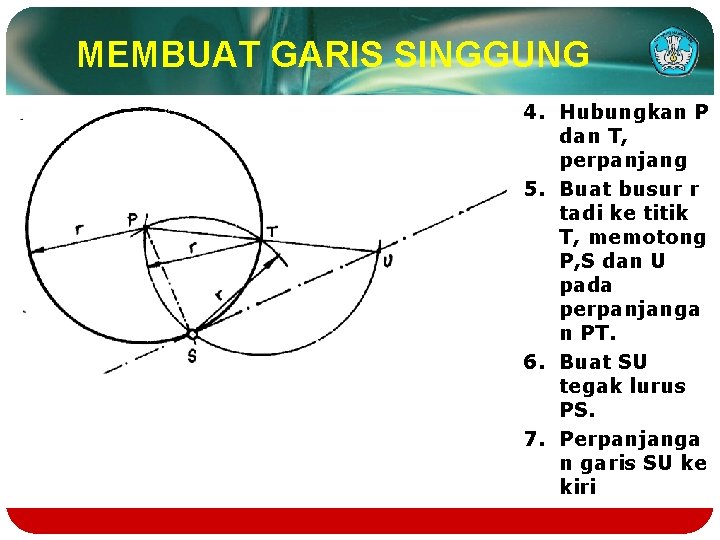 MEMBUAT GARIS SINGGUNG 4. Hubungkan P dan T, perpanjang 5. Buat busur r tadi