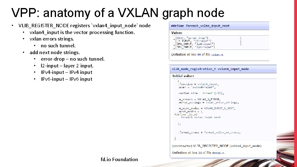 VPP: anatomy of a VXLAN graph node • VLIB_REGISTER_NODE registers `vxlan 4_input_node` node •