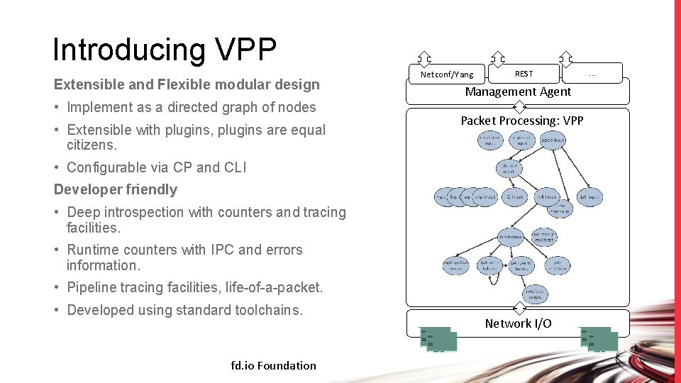 Introducing VPP Extensible and Flexible modular design • Implement as a directed graph of