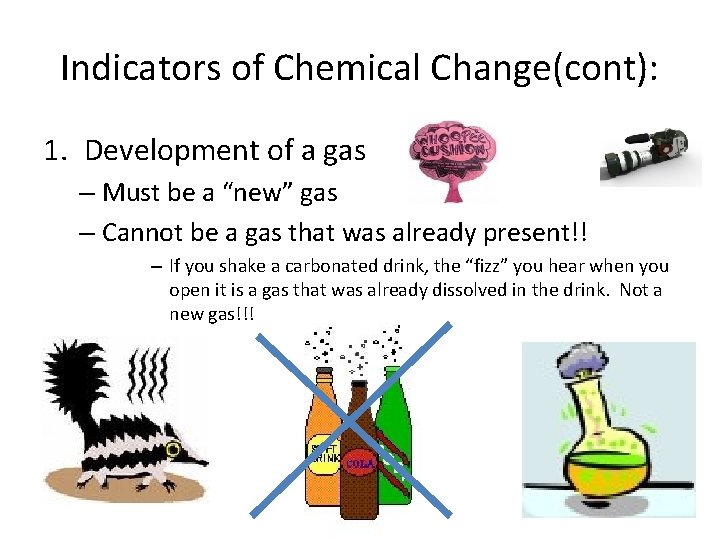 Indicators of Chemical Change(cont): 1. Development of a gas – Must be a “new”