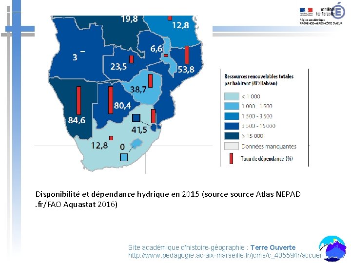 Disponibilité et dépendance hydrique en 2015 (source Atlas NEPAD . fr/FAO Aquastat 2016) Site