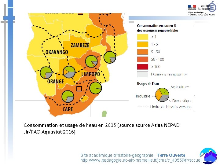 Consommation et usage de l’eau en 2015 (source Atlas NEPAD . fr/FAO Aquastat 2016)