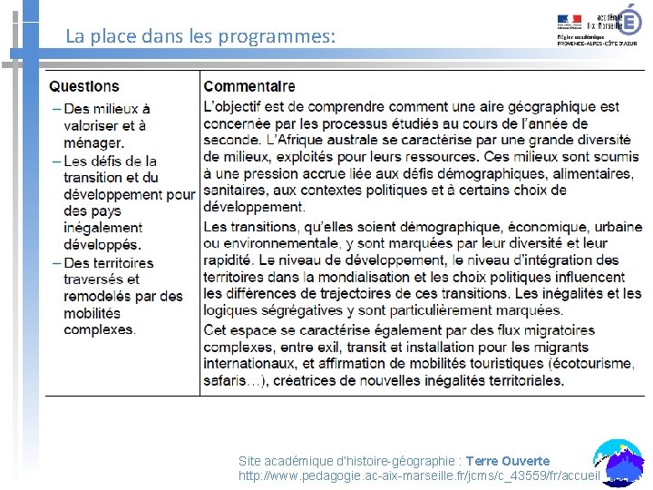 La place dans les programmes: Site académique d’histoire-géographie : Terre Ouverte http: //www. pedagogie.