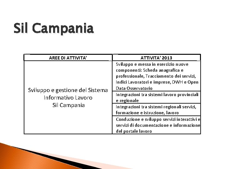 Sil Campania AREE DI ATTIVITA' Sviluppo e gestione del Sistema Informativo Lavoro Sil Campania