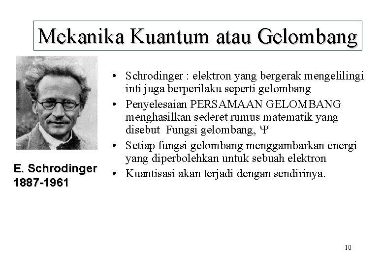 Mekanika Kuantum atau Gelombang E. Schrodinger 1887 -1961 • Schrodinger : elektron yang bergerak