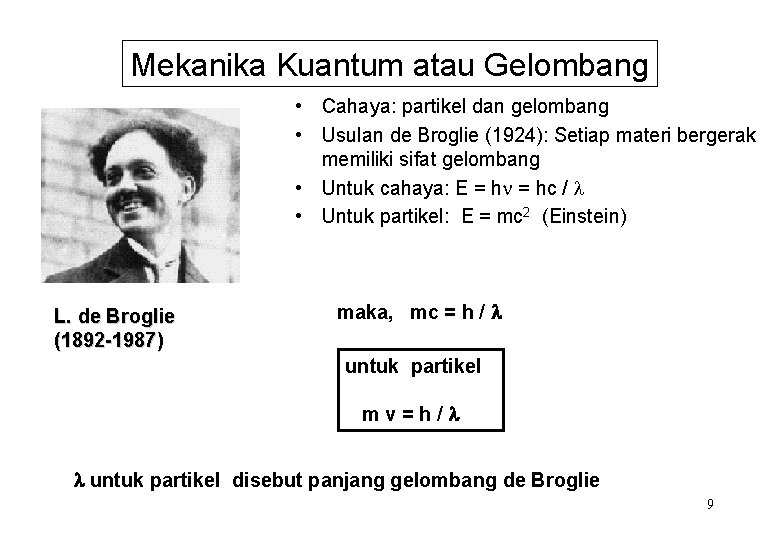 Mekanika Kuantum atau Gelombang • Cahaya: partikel dan gelombang • Usulan de Broglie (1924):