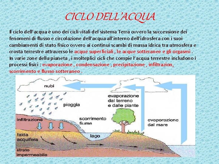 CICLO DELL’ACQUA Il ciclo dell’acqua è uno dei cicli vitali del sistema Terra ovvero