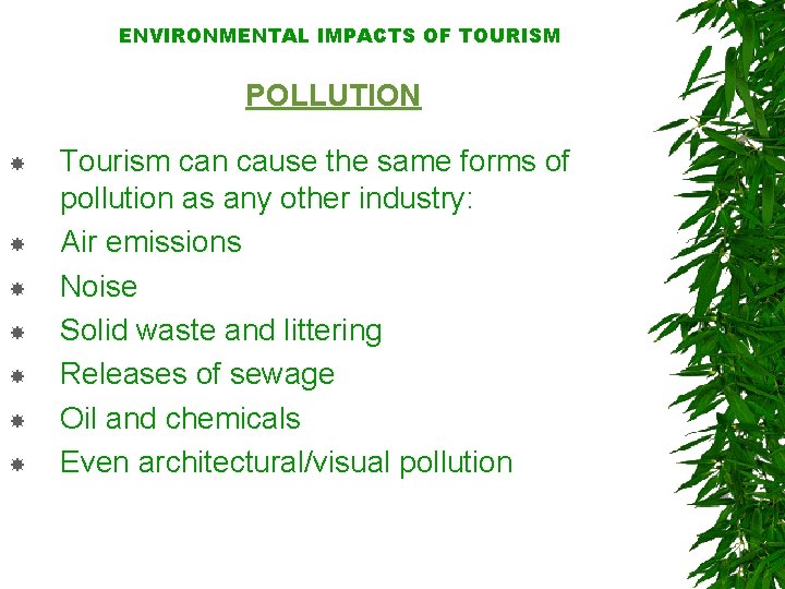 ENVIRONMENTAL IMPACTS OF TOURISM POLLUTION Tourism can cause the same forms of pollution as