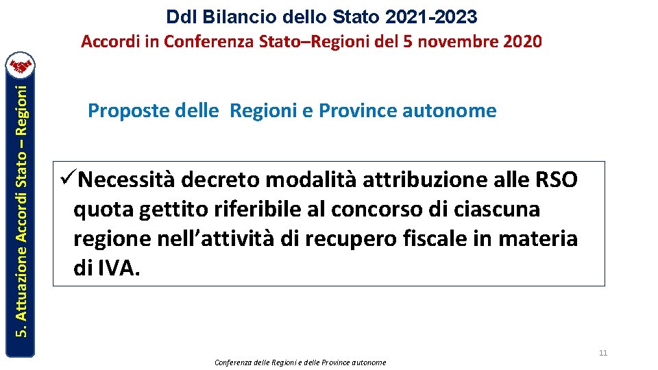 5. Attuazione Accordi Stato – Regioni Ddl Bilancio dello Stato 2021 -2023 Accordi in