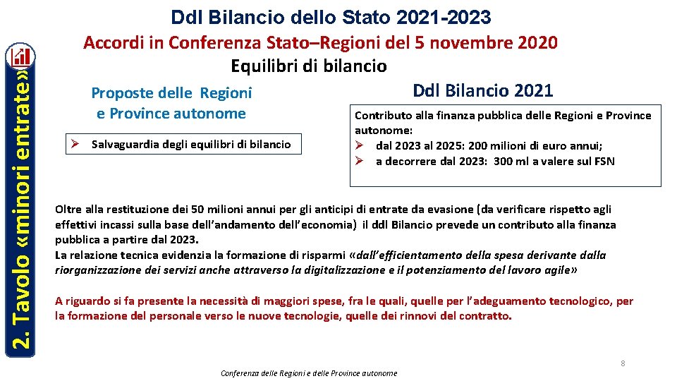 2. Tavolo «minori entrate» Ddl Bilancio dello Stato 2021 -2023 Accordi in Conferenza Stato–Regioni