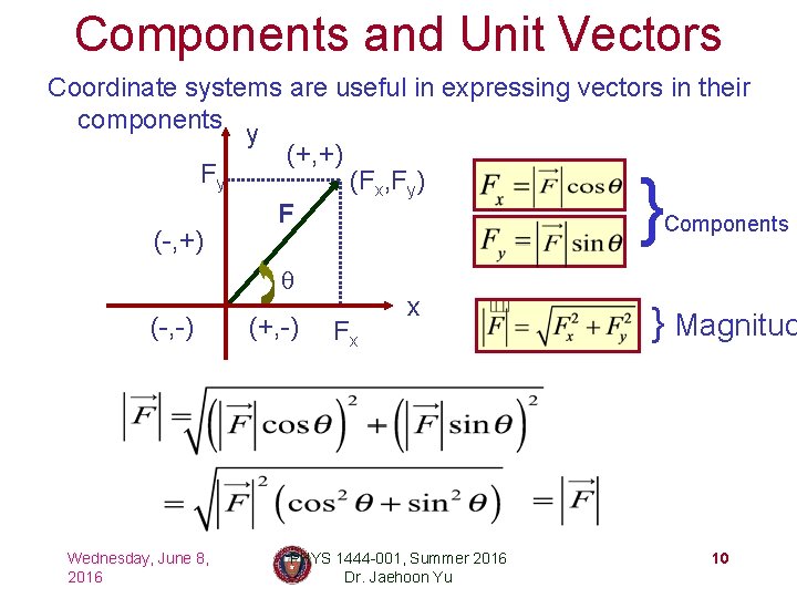 Components and Unit Vectors Coordinate systems are useful in expressing vectors in their components
