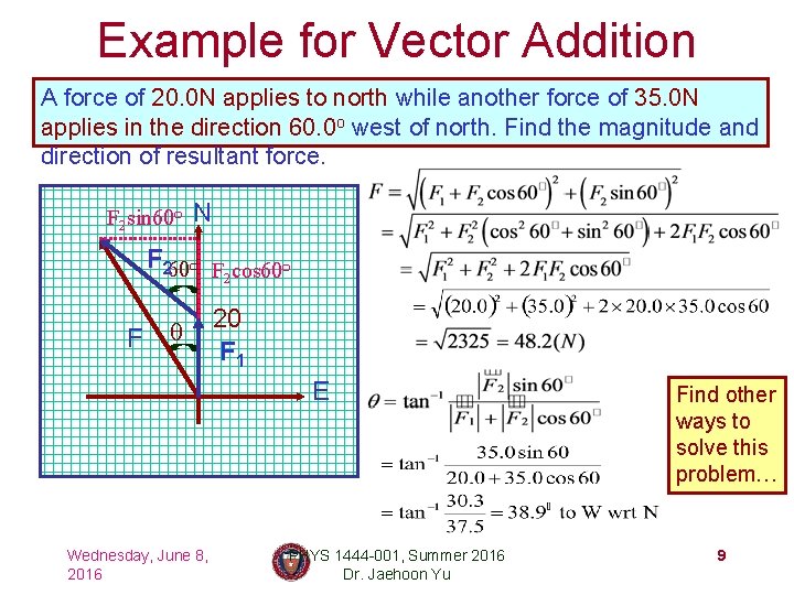 Example for Vector Addition A force of 20. 0 N applies to north while