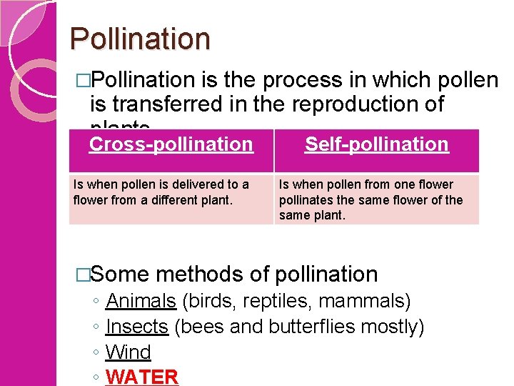 Pollination �Pollination is the process in which pollen is transferred in the reproduction of