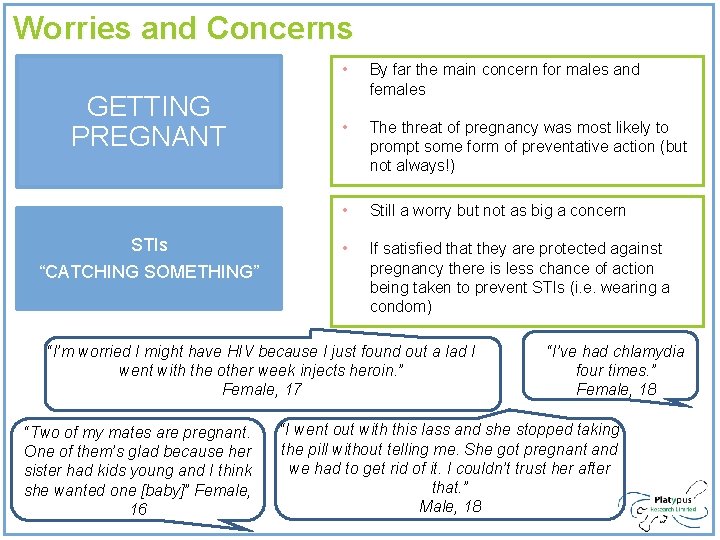 Worries and Concerns GETTING PREGNANT STIs “CATCHING SOMETHING” • By far the main concern Worries and Concerns GETTING PREGNANT STIs “CATCHING SOMETHING” • By far the main concern