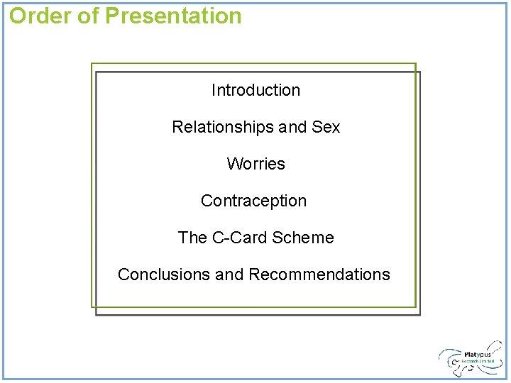 Order of Presentation Introduction Relationships and Sex Worries Contraception The C-Card Scheme Conclusions and Order of Presentation Introduction Relationships and Sex Worries Contraception The C-Card Scheme Conclusions and