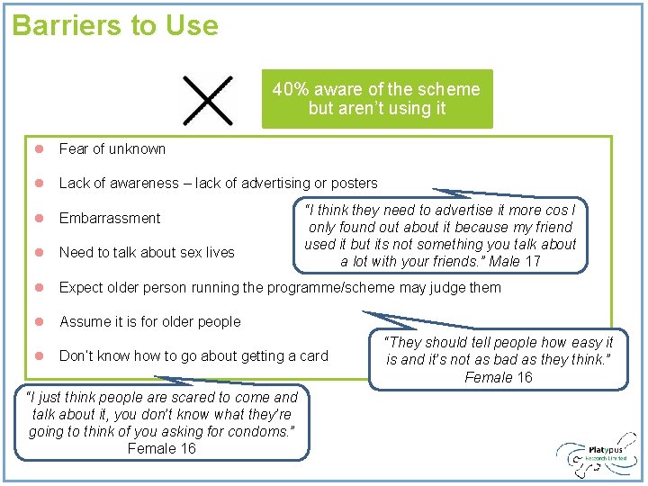 Barriers to Use 40% aware of the scheme but aren’t using it l Fear Barriers to Use 40% aware of the scheme but aren’t using it l Fear