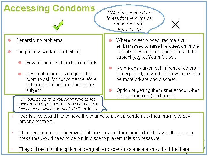 Accessing Condoms l Generally no problems. l The process worked best when; “We dare Accessing Condoms l Generally no problems. l The process worked best when; “We dare