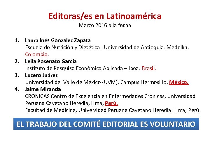 Editoras/es en Latinoamérica Marzo 2016 a la fecha 1. Laura Inés González Zapata Escuela
