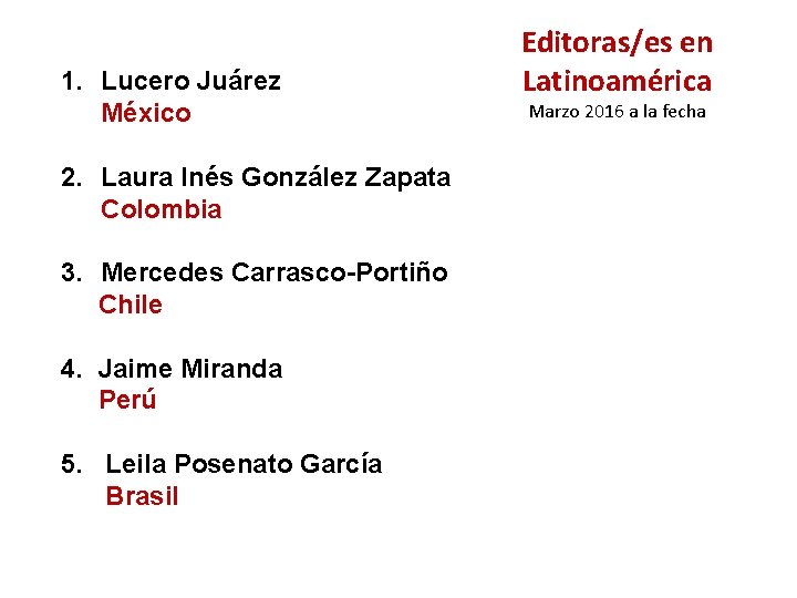 1. Lucero Juárez México 2. Laura Inés González Zapata Colombia 3. Mercedes Carrasco-Portiño Chile