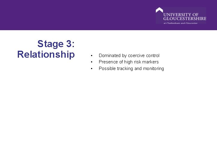 Stage 3: Relationship • • • Dominated by coercive control Presence of high risk