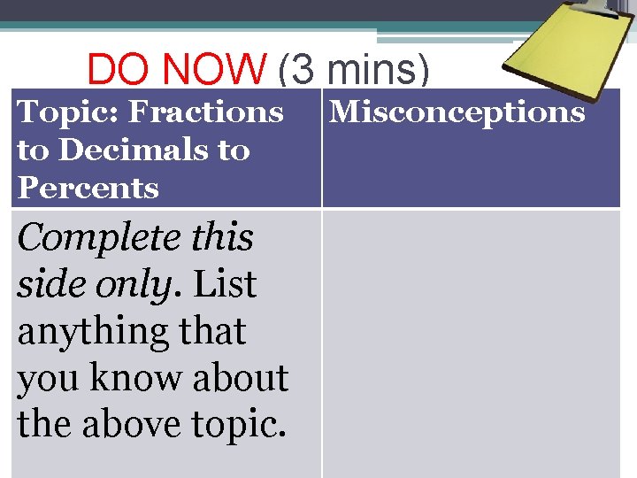 DO NOW (3 mins) Topic: Fractions Misconceptions PKB (Prior Knowledge Box) to Decimals to