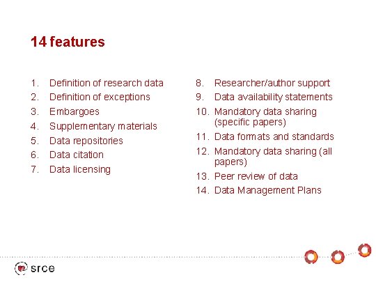 14 features 1. 2. 3. 4. 5. 6. 7. Definition of research data Definition