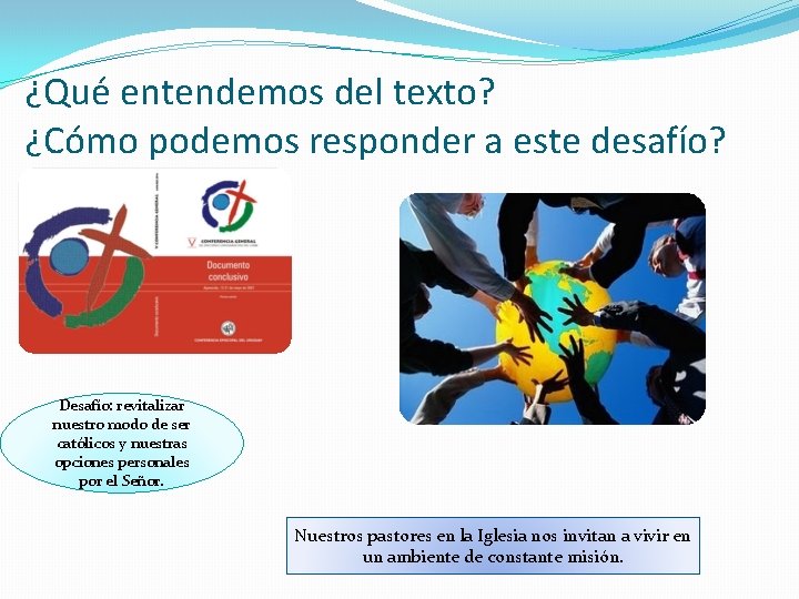 ¿Qué entendemos del texto? ¿Cómo podemos responder a este desafío? Desafío: revitalizar nuestro modo