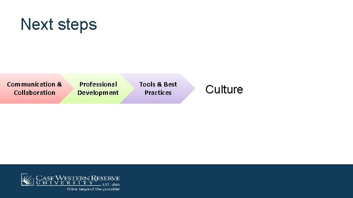 Next steps Communication & Collaboration Professional Development Tools & Best Practices Culture 