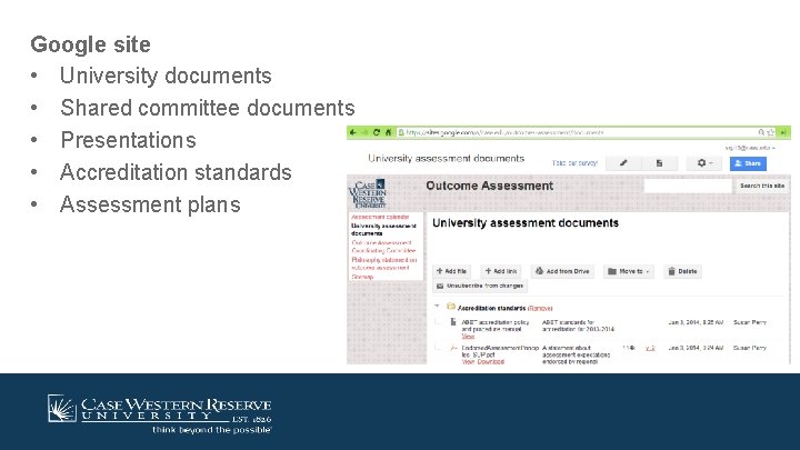 Google site • University documents • Shared committee documents • Presentations • Accreditation standards