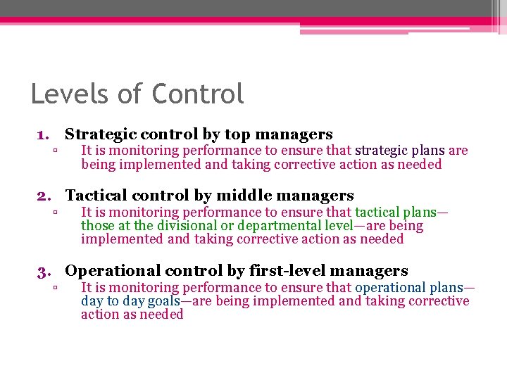 Levels of Control 1. Strategic control by top managers ▫ It is monitoring performance Levels of Control 1. Strategic control by top managers ▫ It is monitoring performance