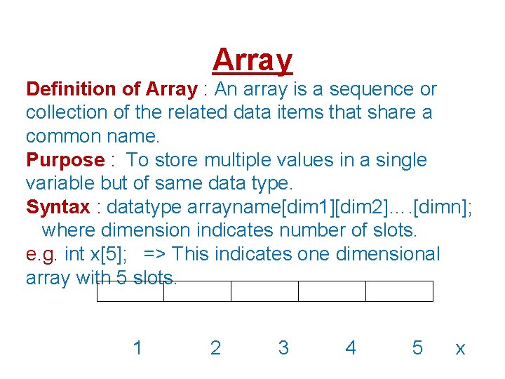 Array Definition of Array : An array is a sequence or collection of the